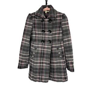 American Rag CIE Plaid Wool Pea Coat L Grey Pink Blair Waldorf Gossip Girl Style